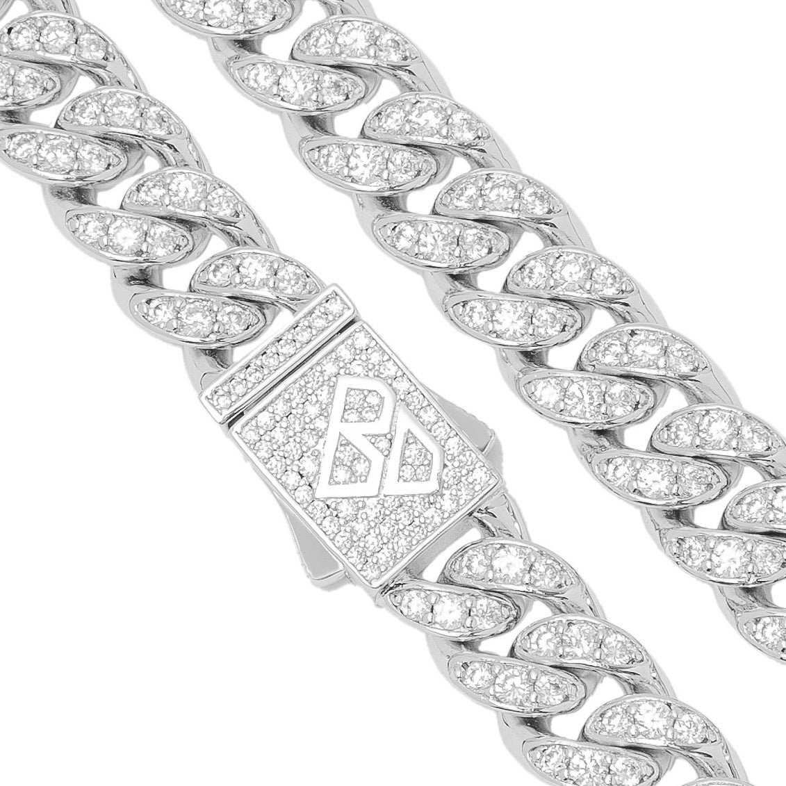 Close-up of 10MM Cuban link chain with CZ stones and branded clasp detail