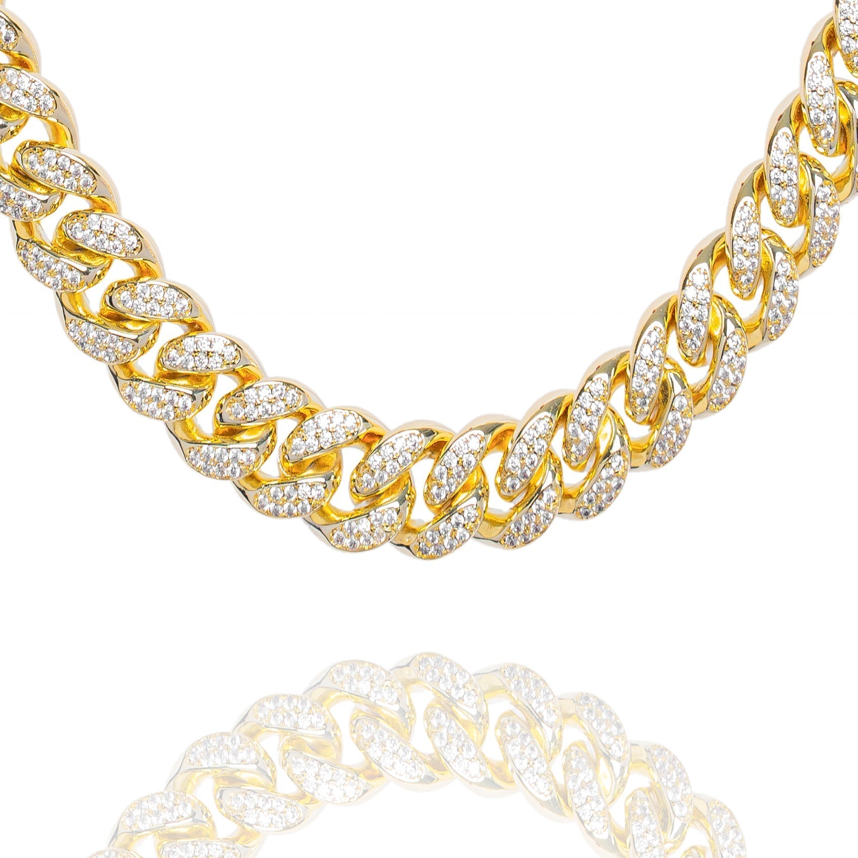 10MM iced out Cuban link gold chain with cubic zirconia stones, displayed flat