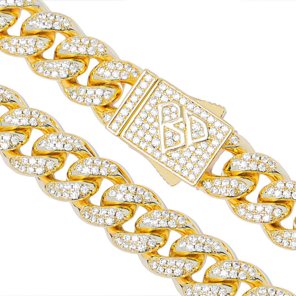 Detailed view of box clasp on 10MM iced out Cuban link gold chain