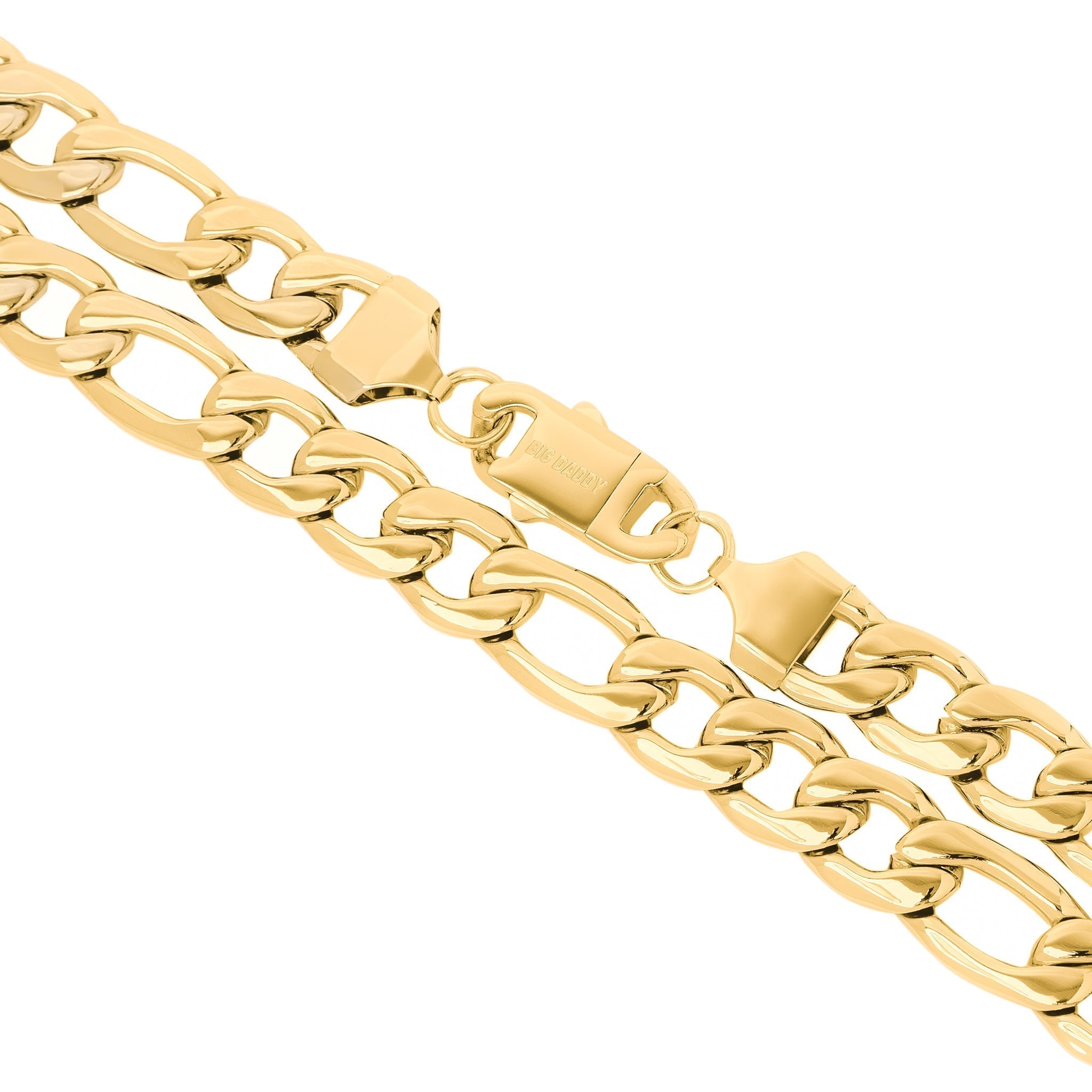 Close-up of gold figaro chain showing link detail and clasp mechanism