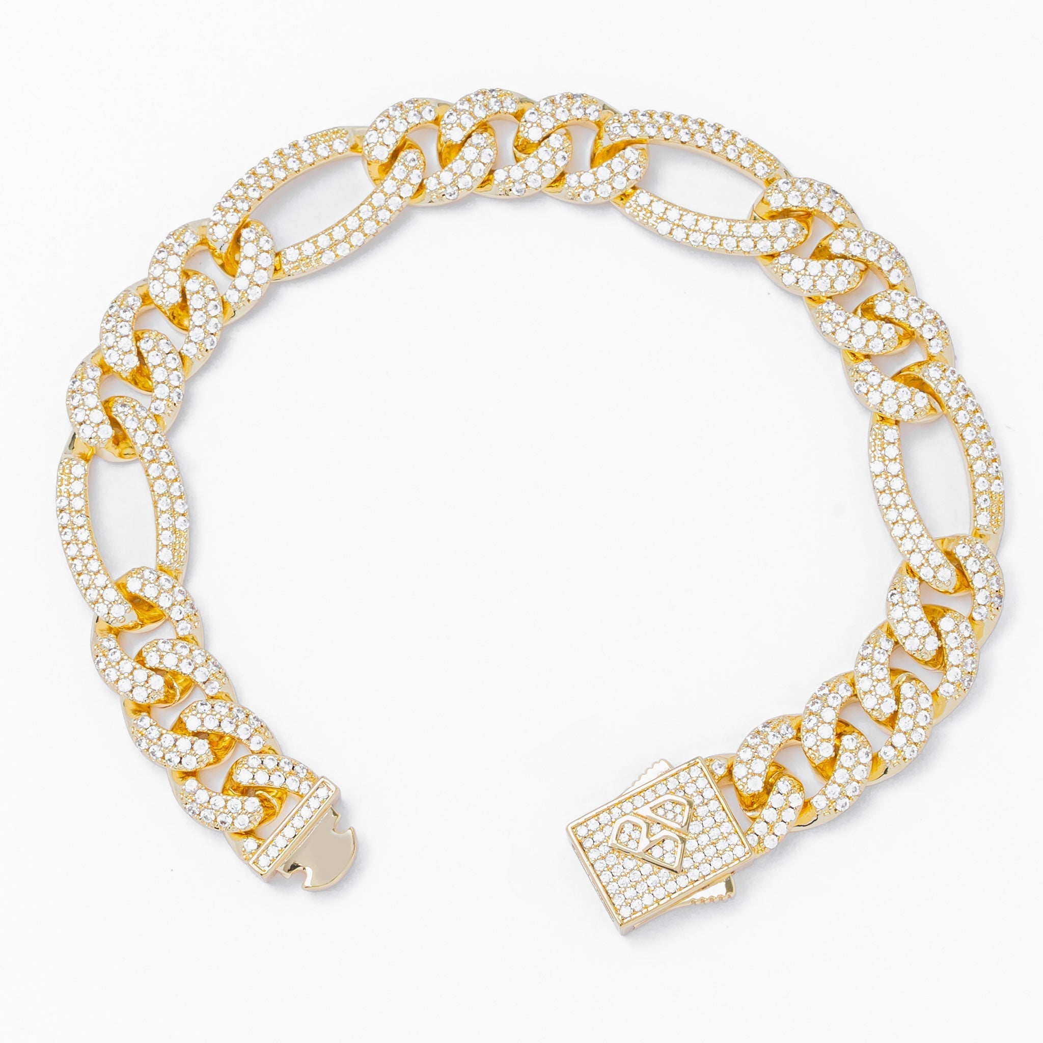 Big Daddy 12MM iced Figaro gold bracelet clasp detail open view