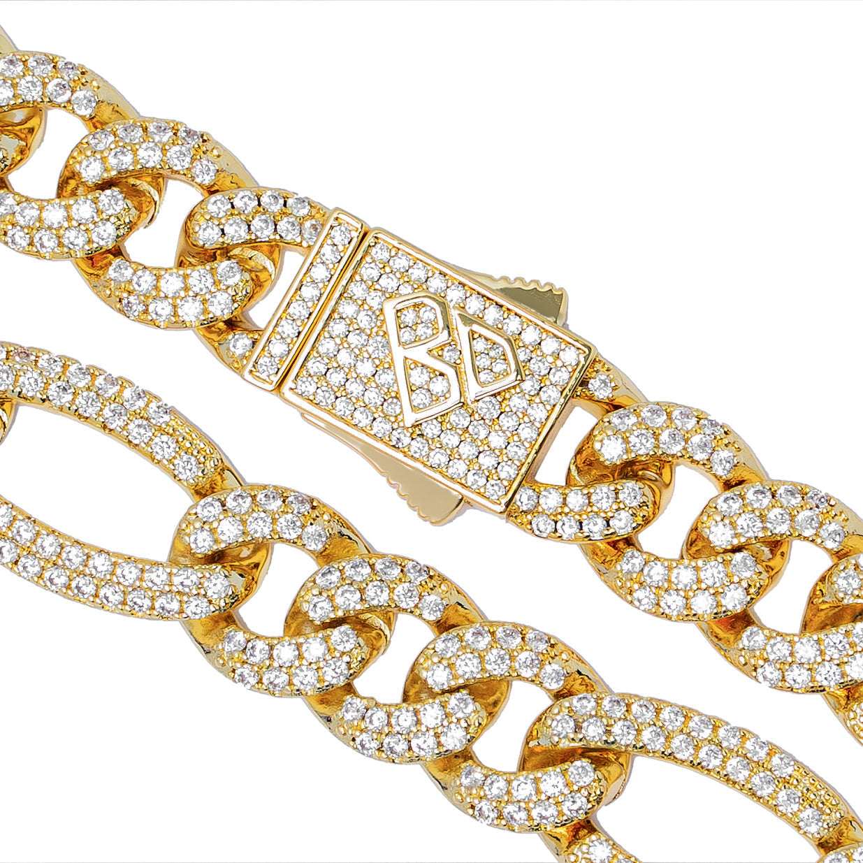 Close-up of box clasp on iced-out Figaro chain with diamond detail