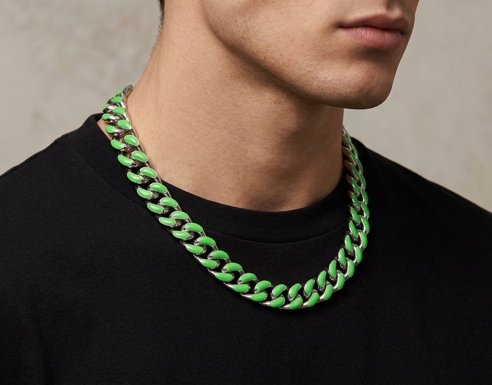 Big Daddy 13MM Enamel Green Steel Cuban Chain