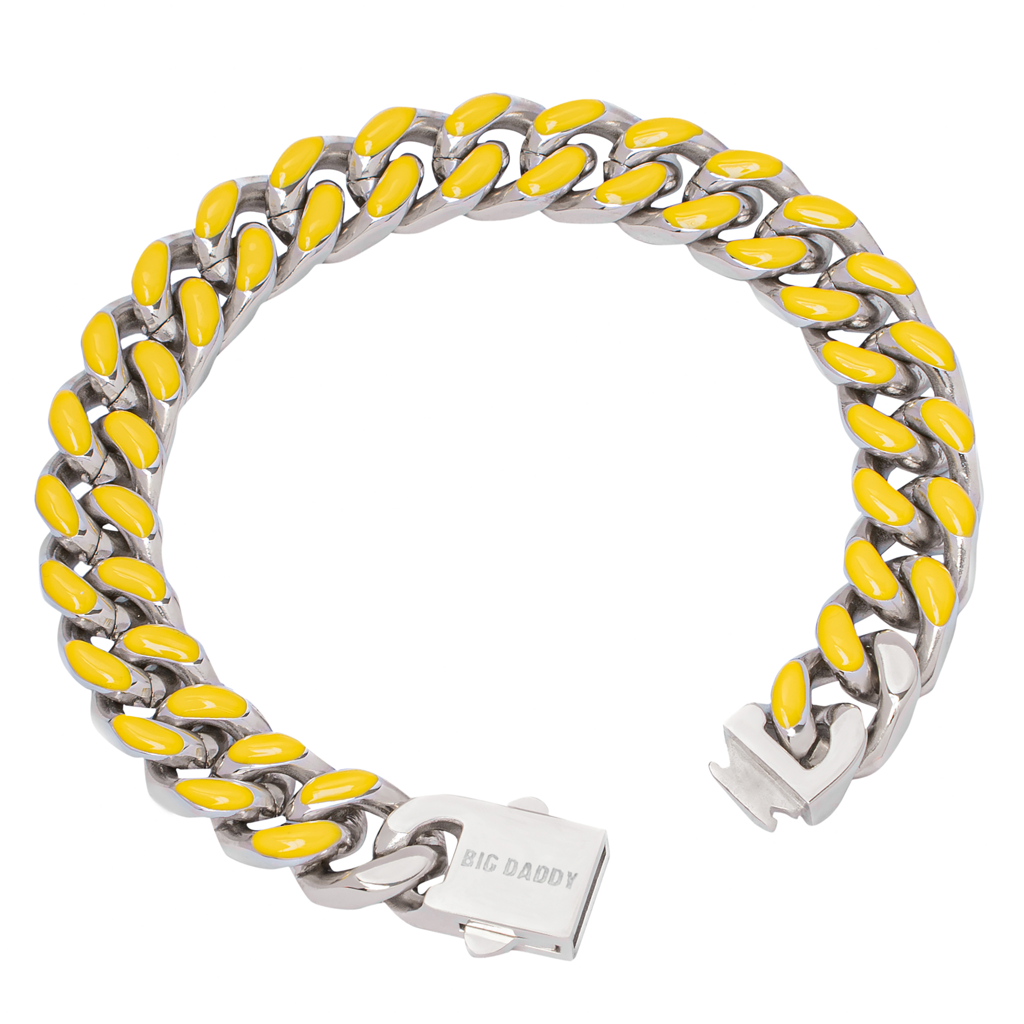 13mm Cuban bracelet with yellow enamel coating and steel links shown at angle