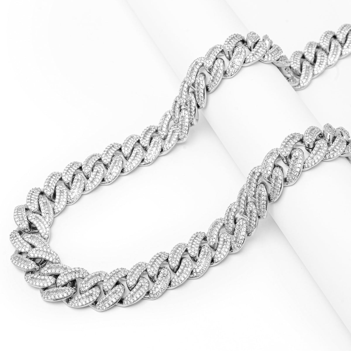Side view of 20mm Cuban link chain showing full length and stone coverage