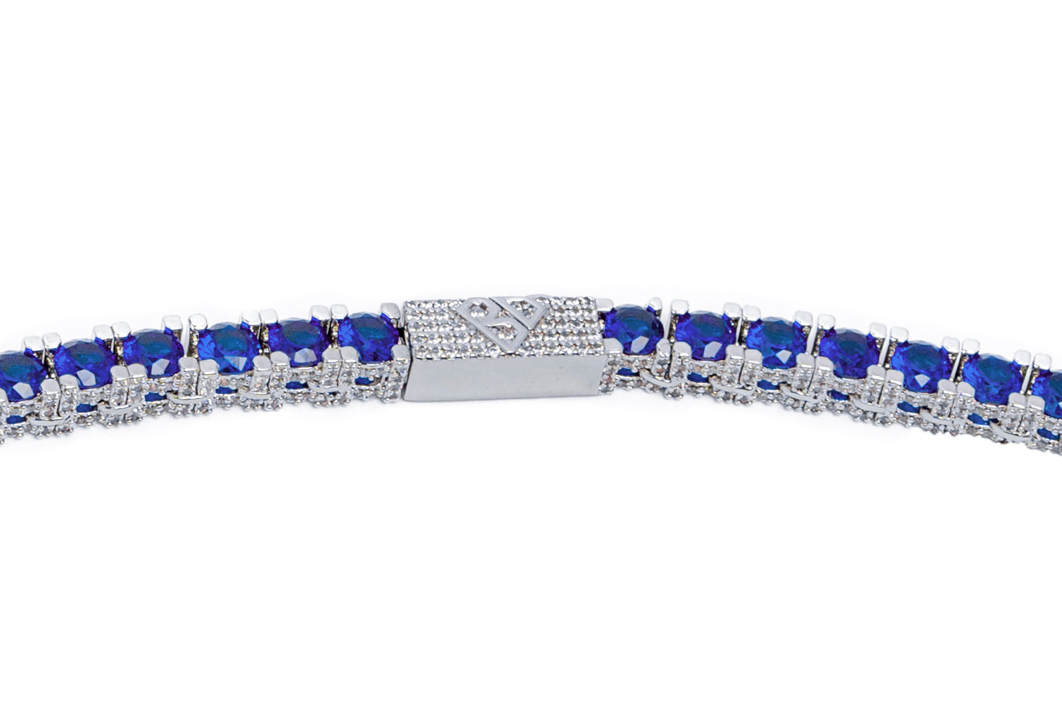 Side view of 4MM blue tennis chain showing rectangular stone links with silver setting