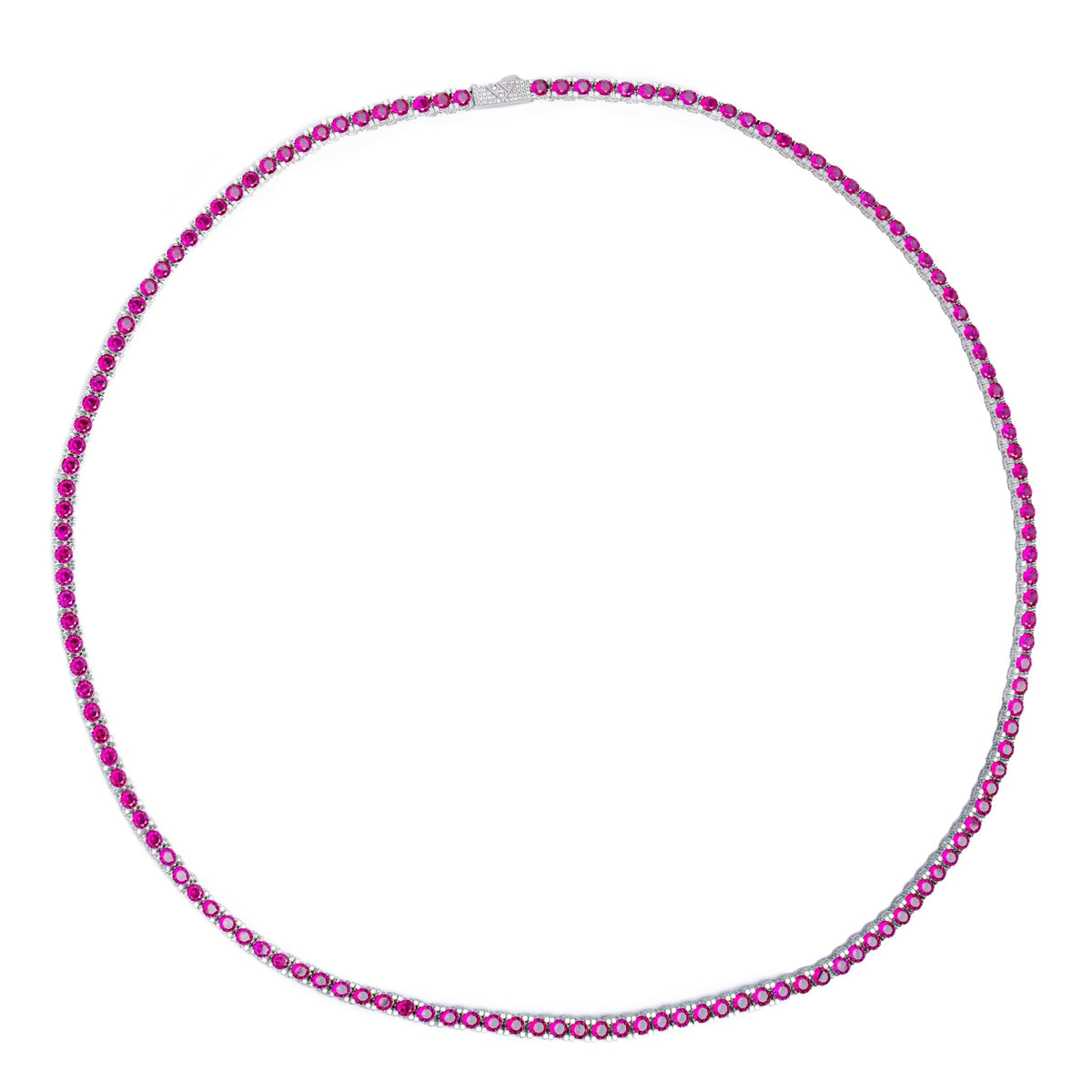 Complete view of Big Daddy 4MM silver ruby tennis chain laid flat