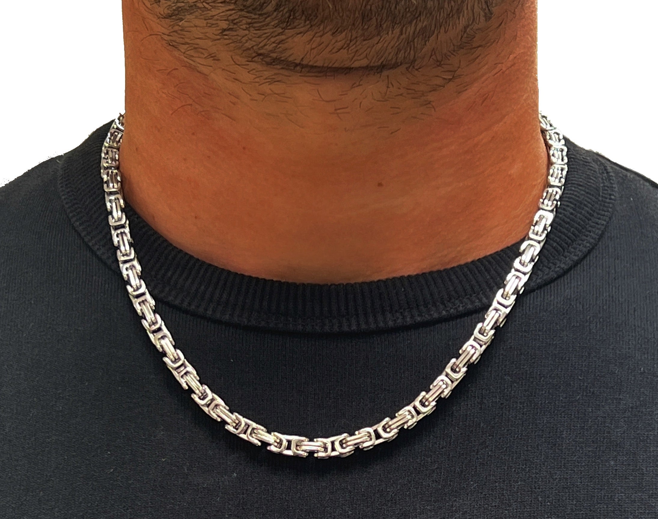 Big Daddy 5mm Byzantine silver chain worn on neck