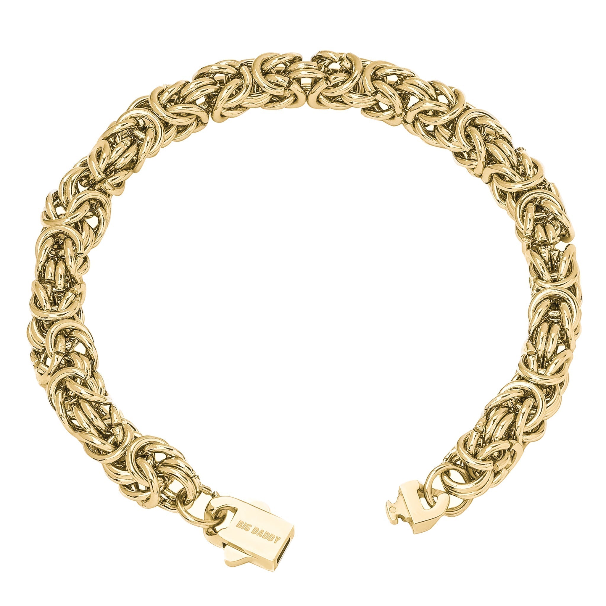 8MM Byzantine link gold bracelet angled view with visible box clasp closure