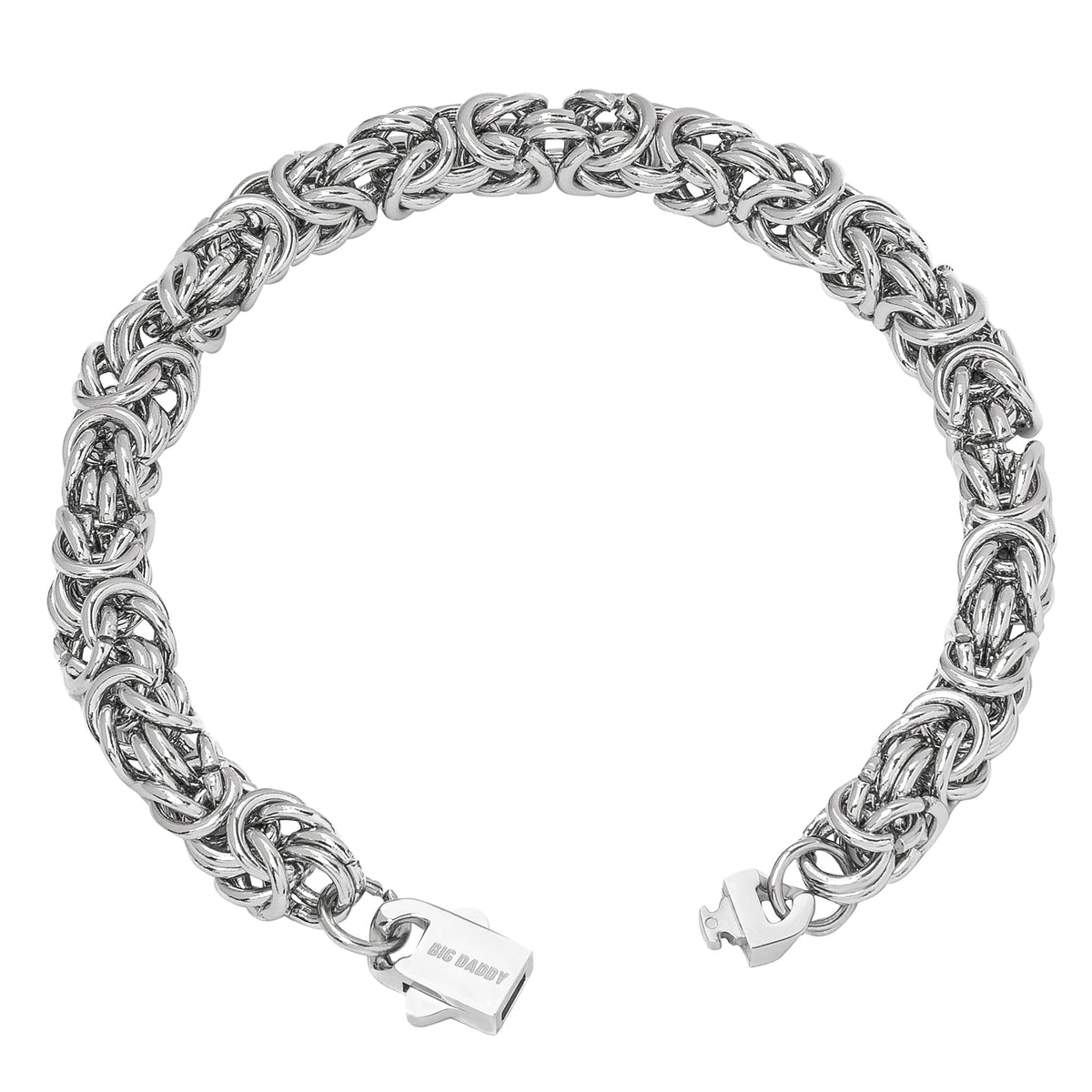 8MM Byzantine link silver steel bracelet shown at angle with box clasp closure