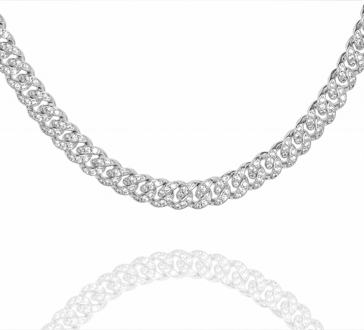 Silver Cuban link chain with cubic zirconia stones, 8MM width