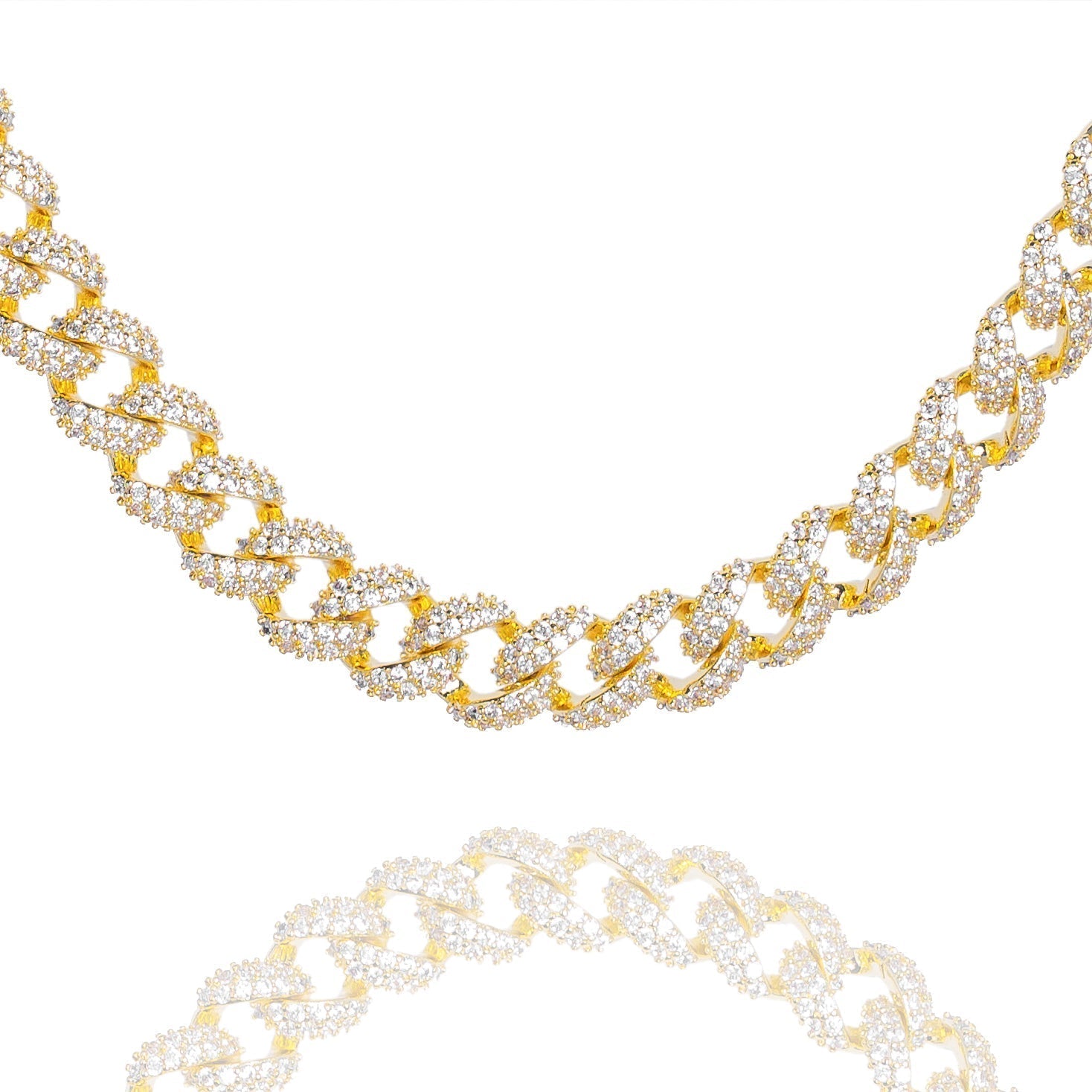 9MM diamond curb Cuban gold chain with full ice-out diamond coverage, angled view