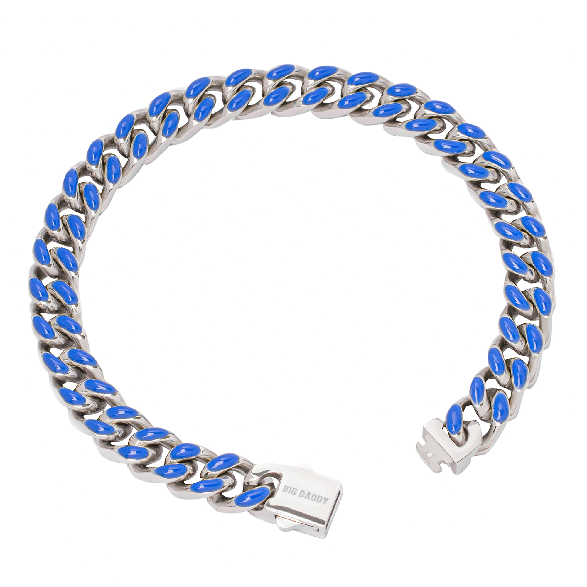 Big Daddy 9MM blue enamel Cuban link bracelet displayed at angle showing chain links and clasp