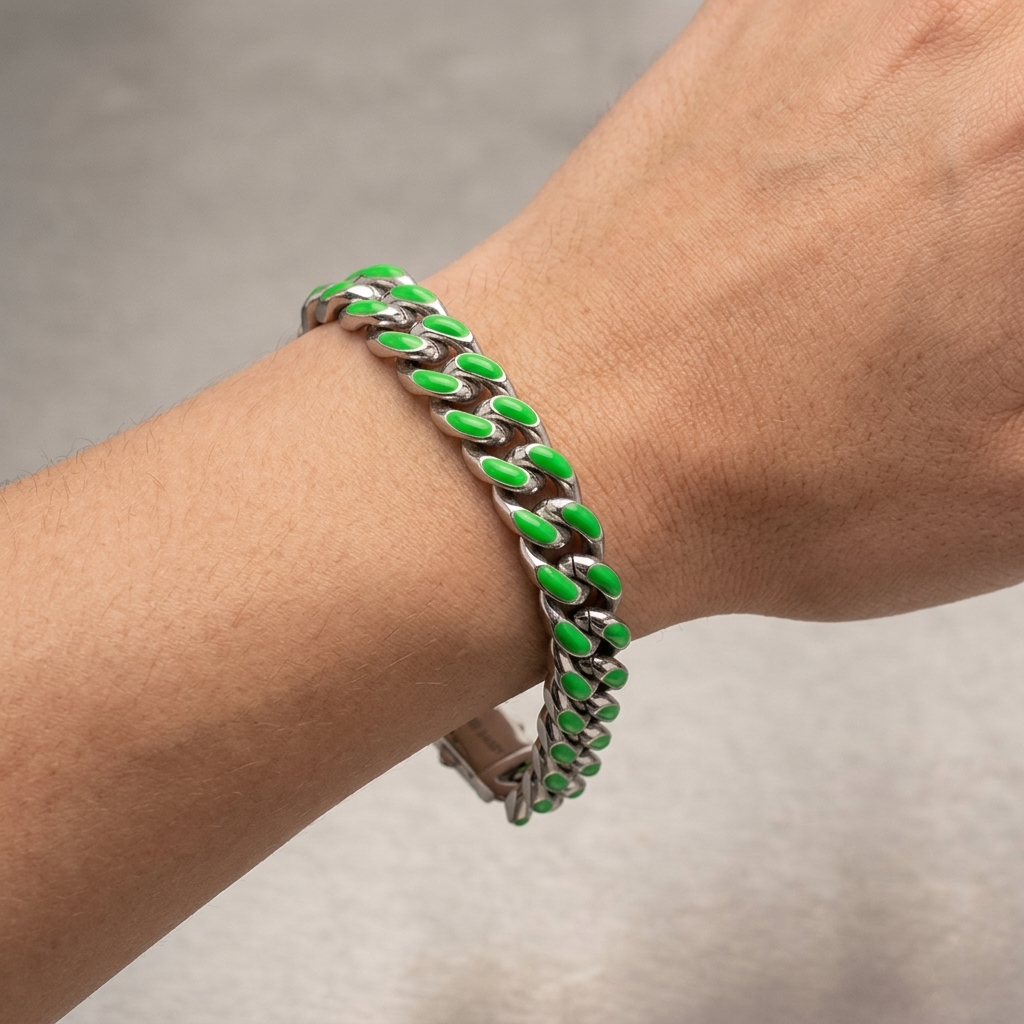 Big Daddy 9MM Enamel Green Steel Cuban Bracelet