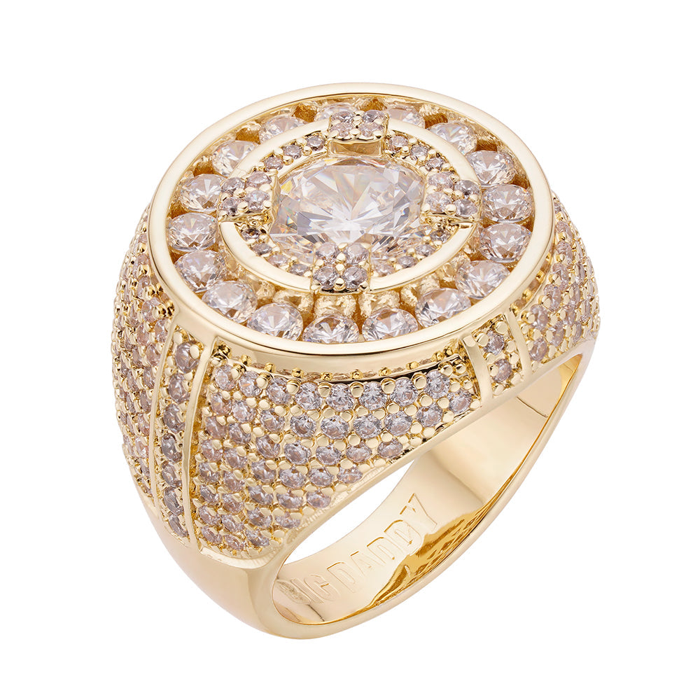 Gold-plated Big Daddy Crown ring with large center stone and pave diamond setting