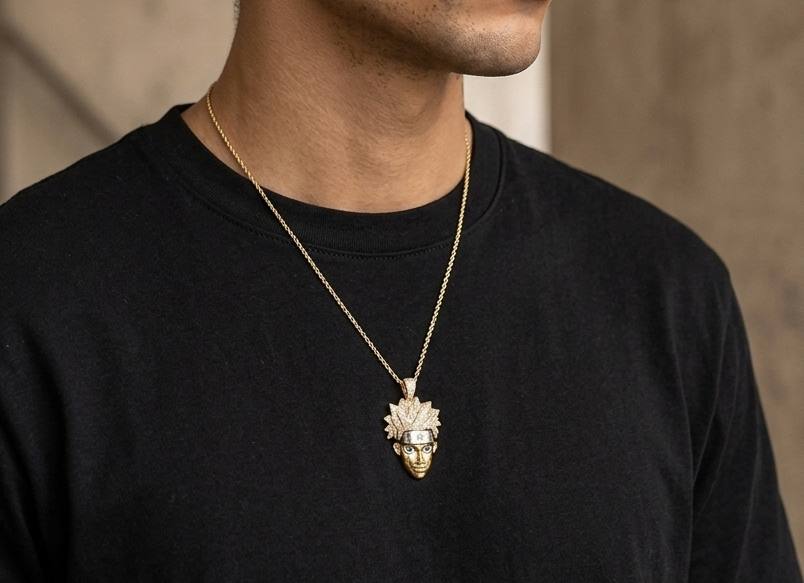 Gold plated Naruto iced out pendant worn on chain necklace