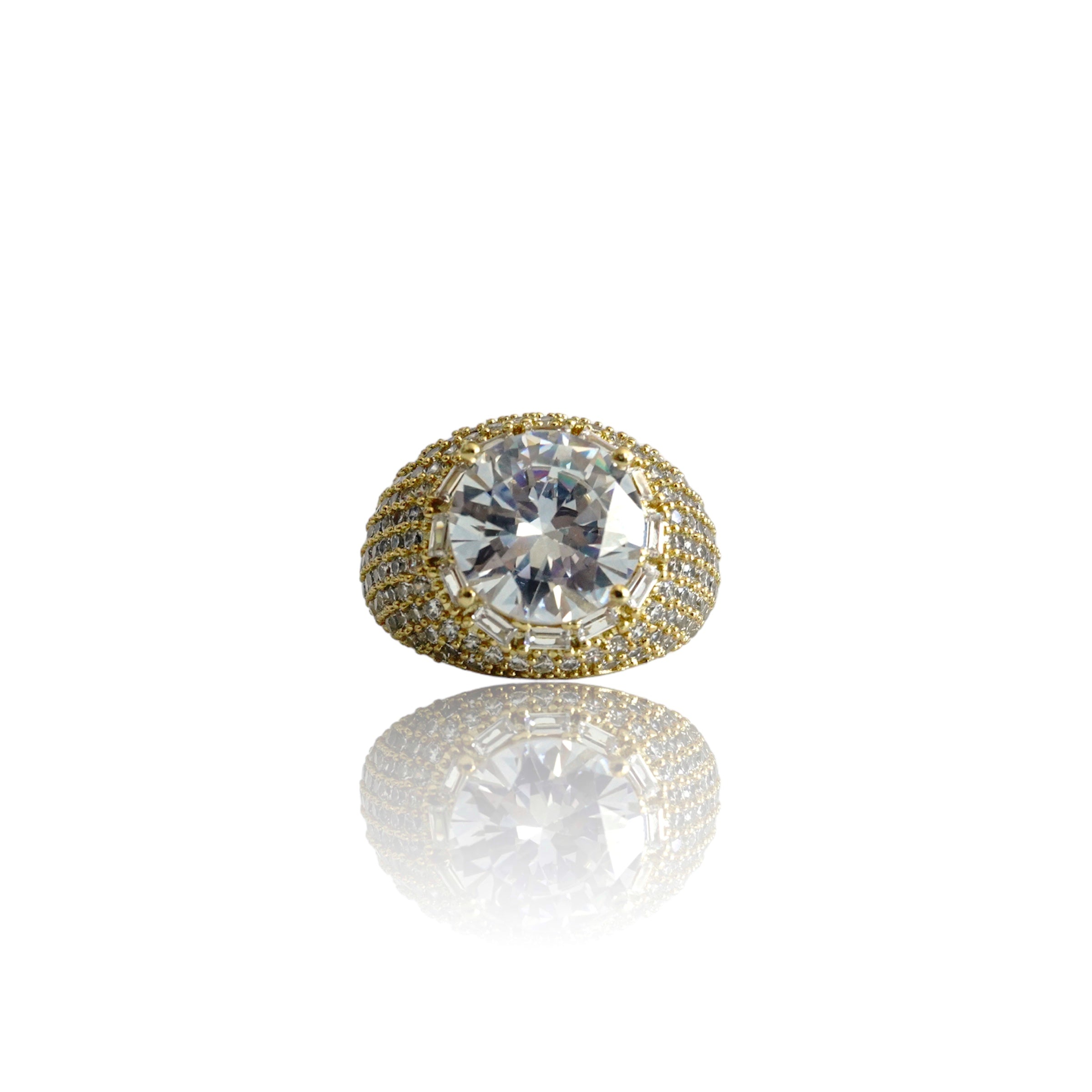 Top view of gold cluster ring with large oval diamond and diamond pave setting