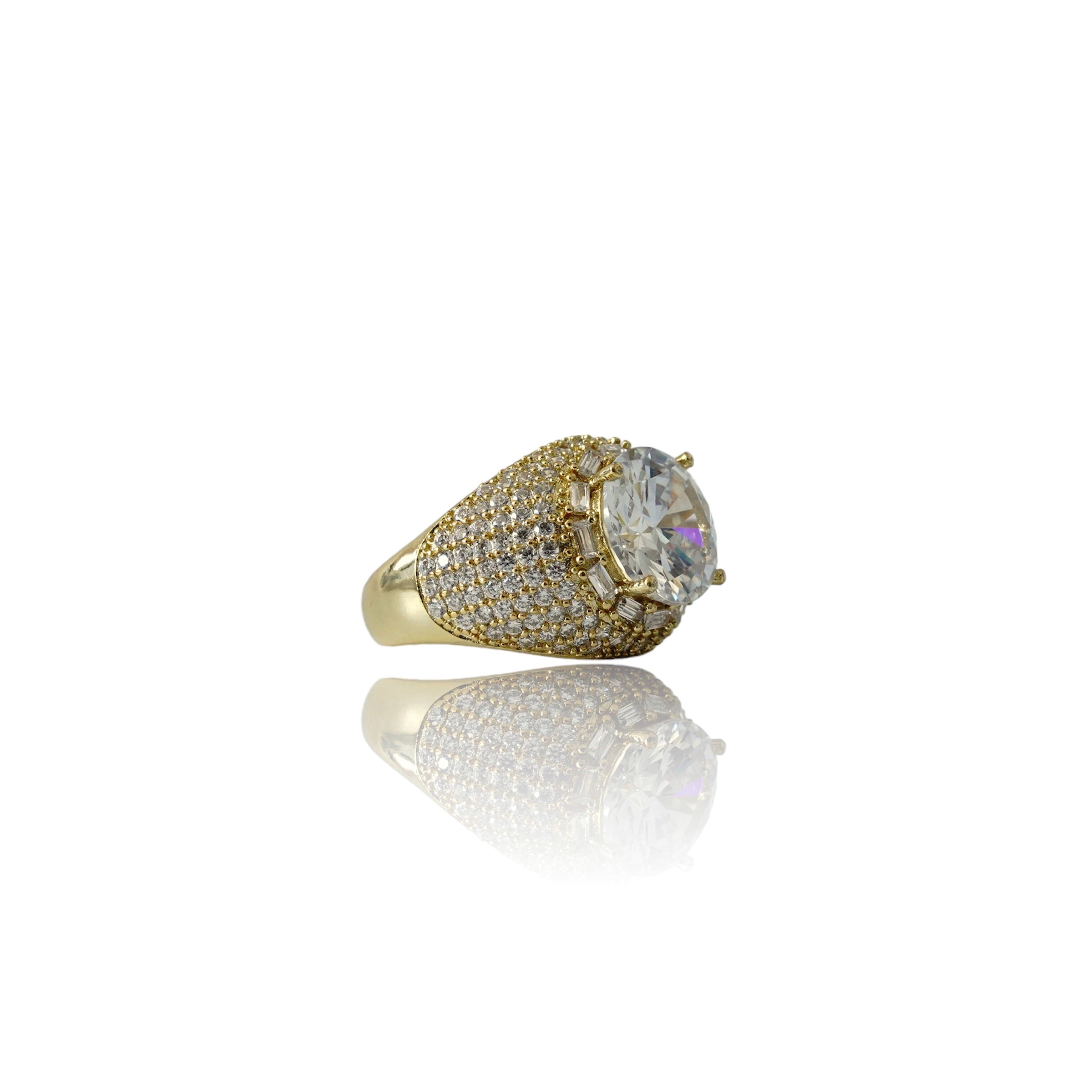 Angled side view of iced out gold ring with oval center stone