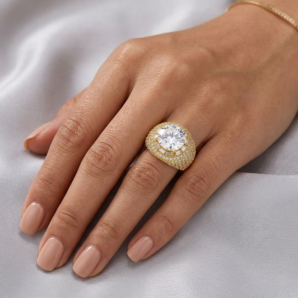 Big Daddy iced out cluster gold ring worn on hand