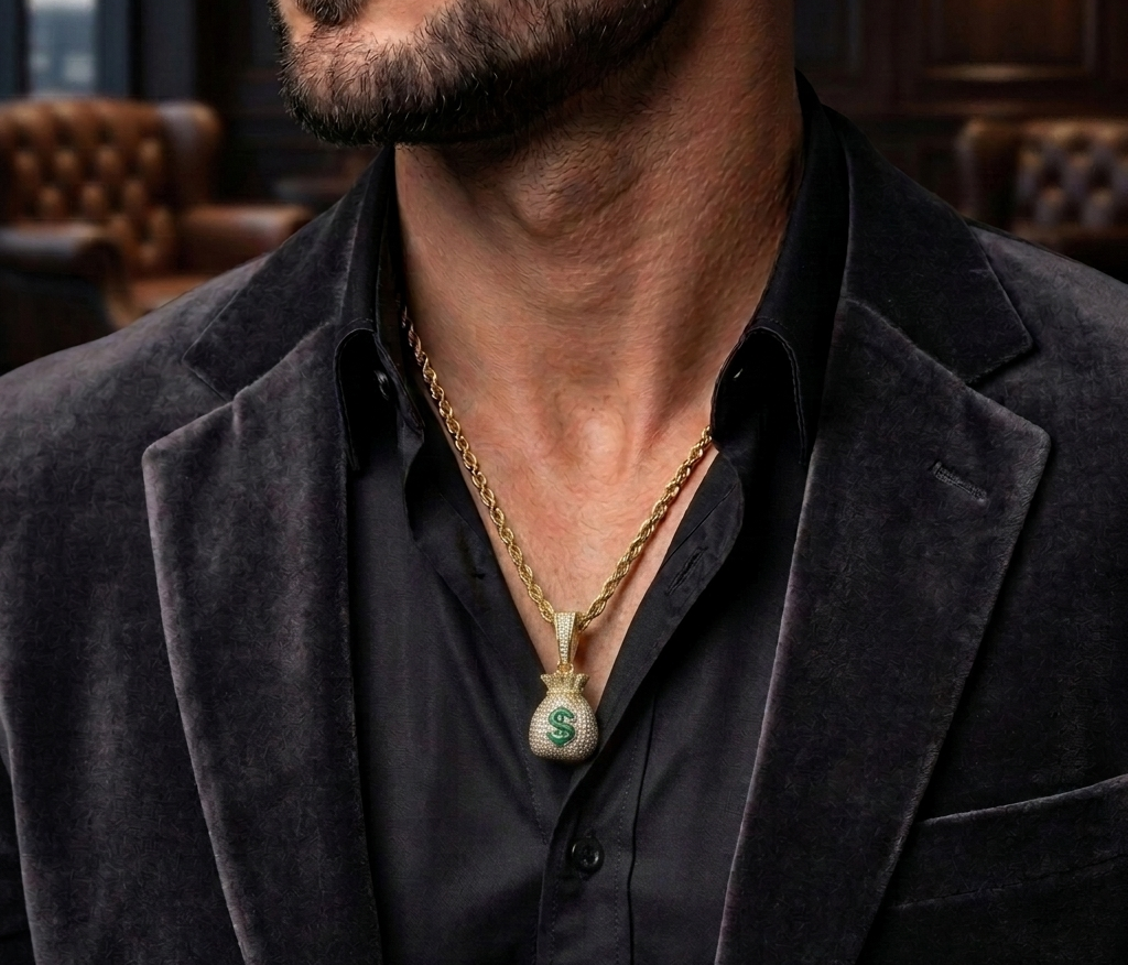 Big Daddy iced out money bag pendant necklace worn on man's chest