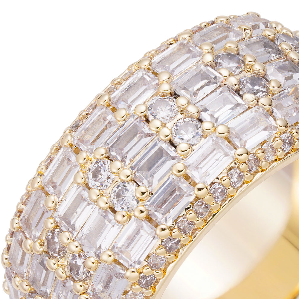 Close-up angled view of baguette diamond ring showing stone setting detail