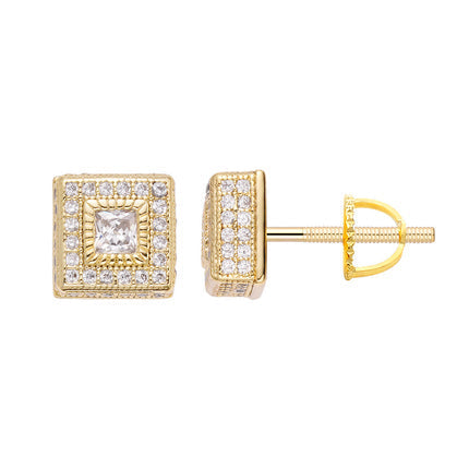 Big Daddy Rebirth diamond cut stud earrings with square design and iced out stones, front and side view