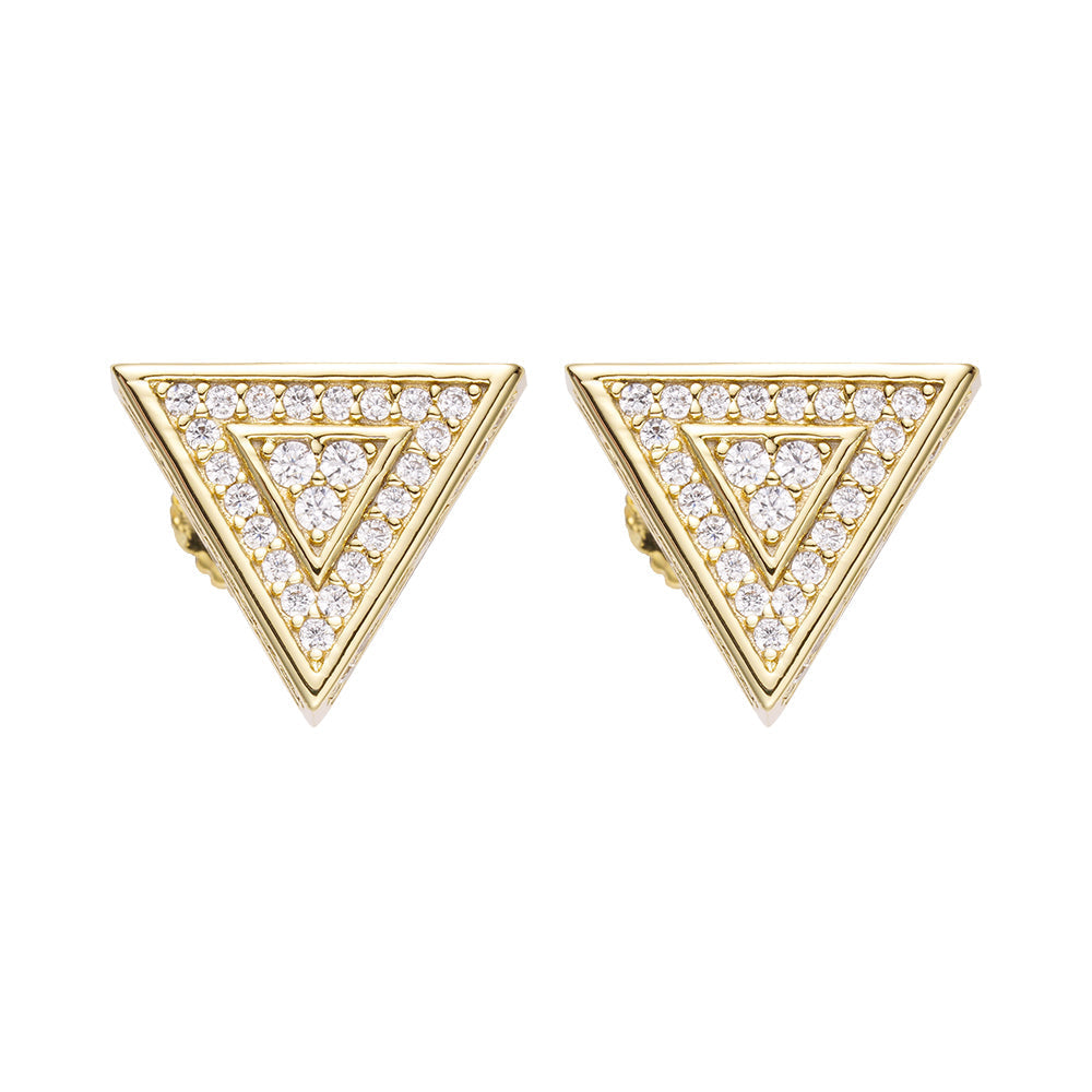 Pair of gold triangle diamond stud earrings with nested geometric pattern
