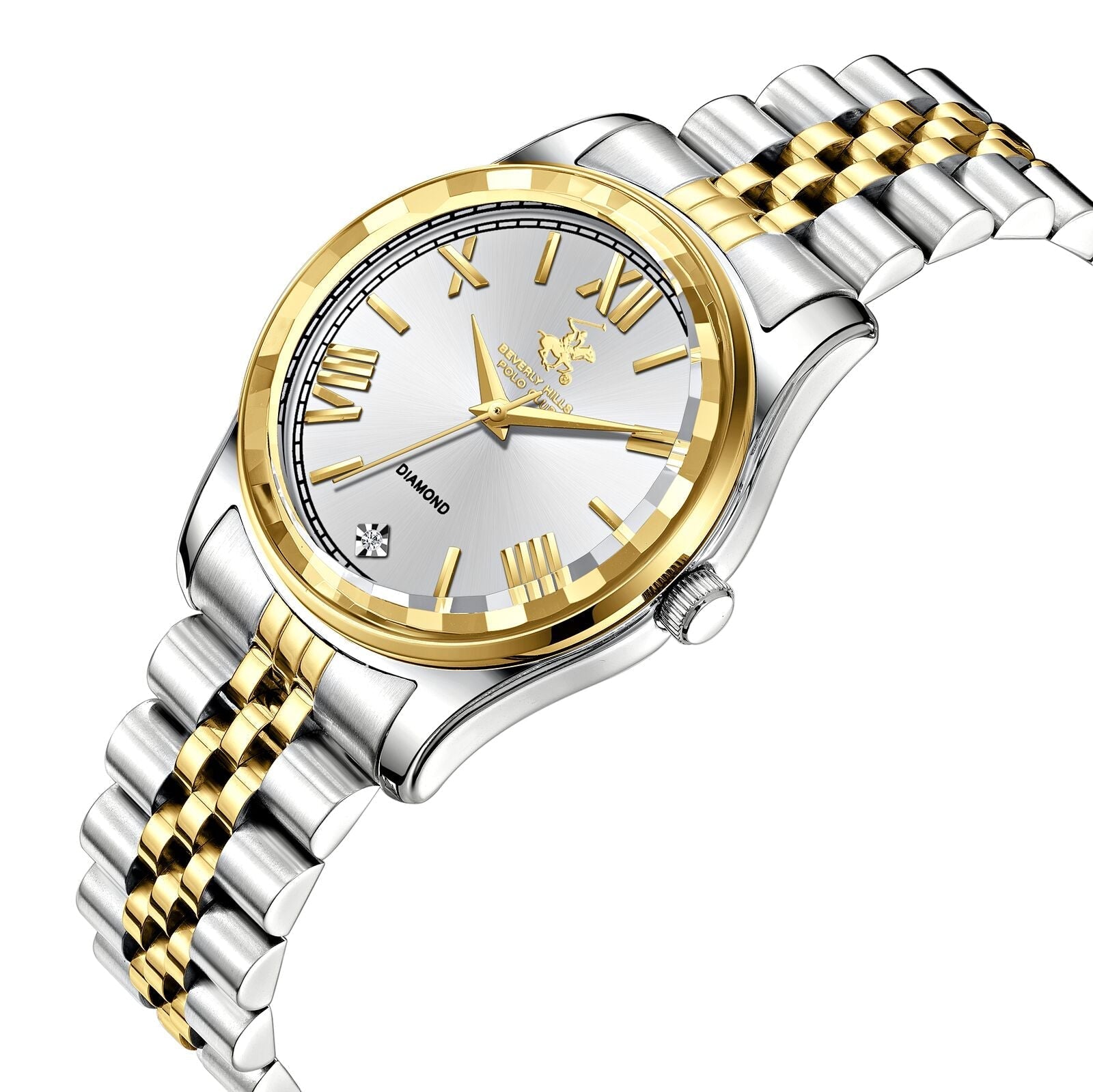 Beverly Hills Polo Club two-tone watch at angle showing bracelet and dial detail
