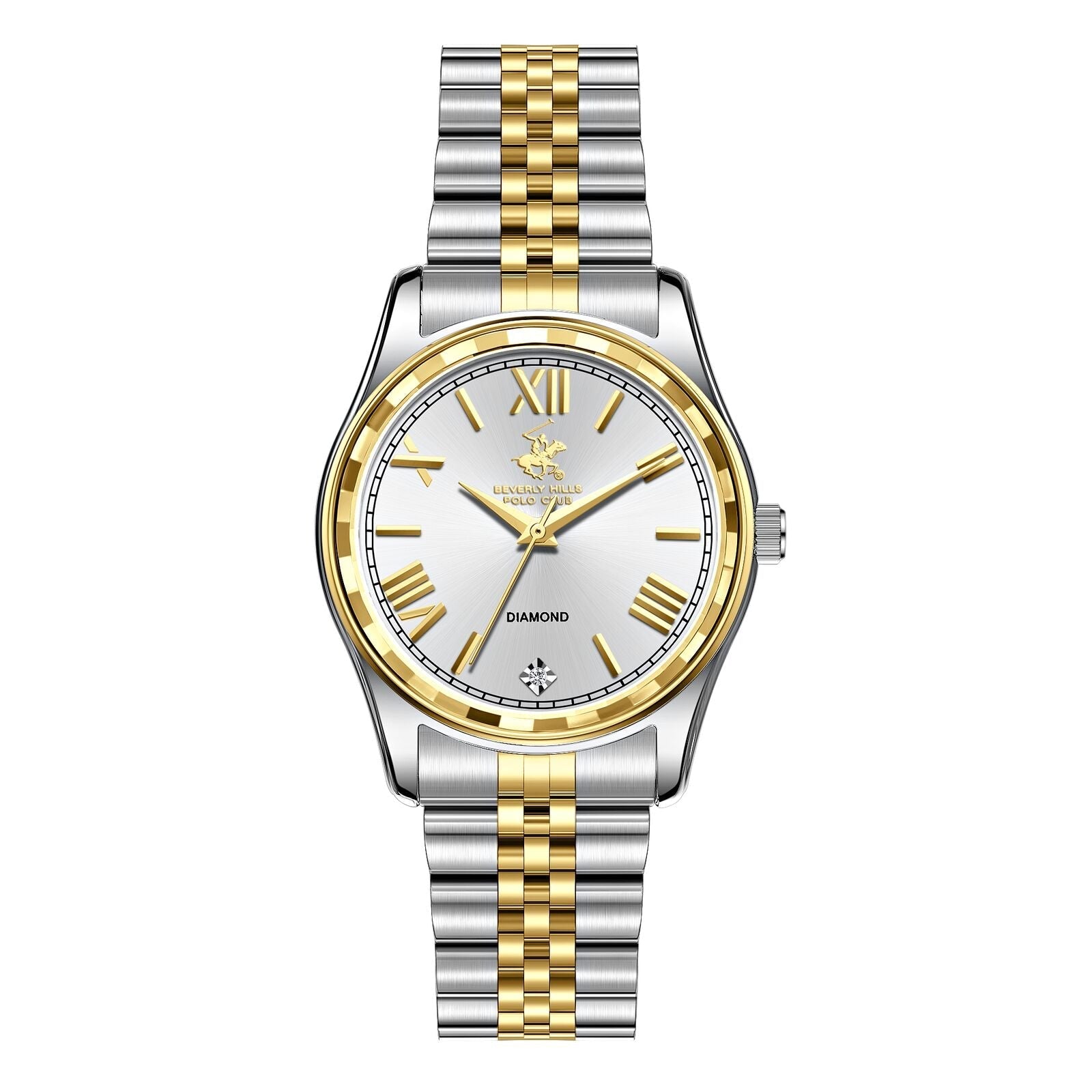 Beverly Hills Polo Club two-tone diamond watch with white dial and Roman numerals