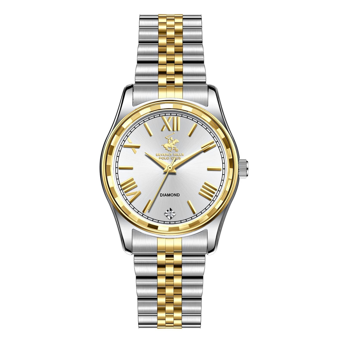 Beverly Hills Polo Club two-tone diamond watch with white dial and Roman numerals
