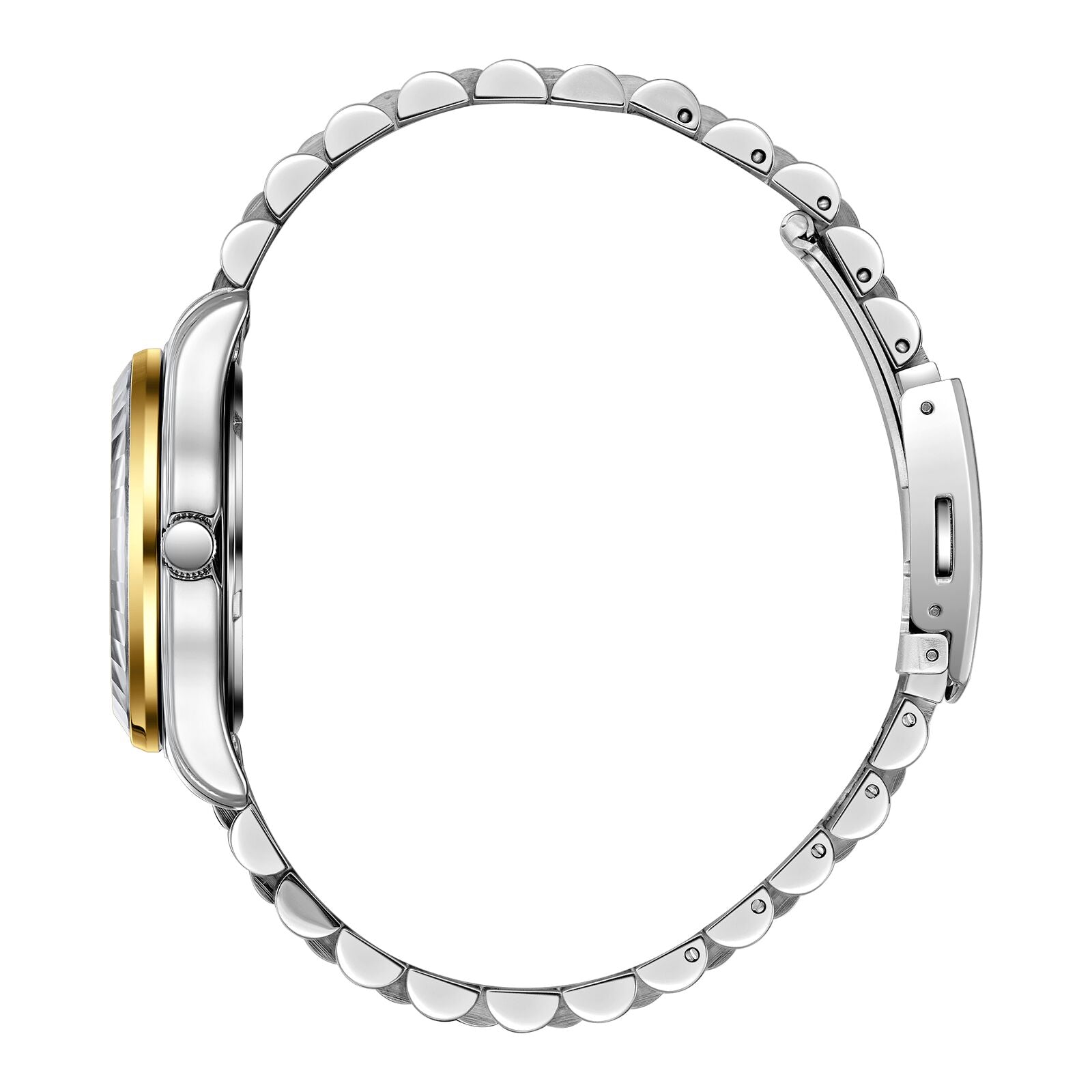 Side view of Beverly Hills Polo Club two-tone bracelet with stainless steel and gold