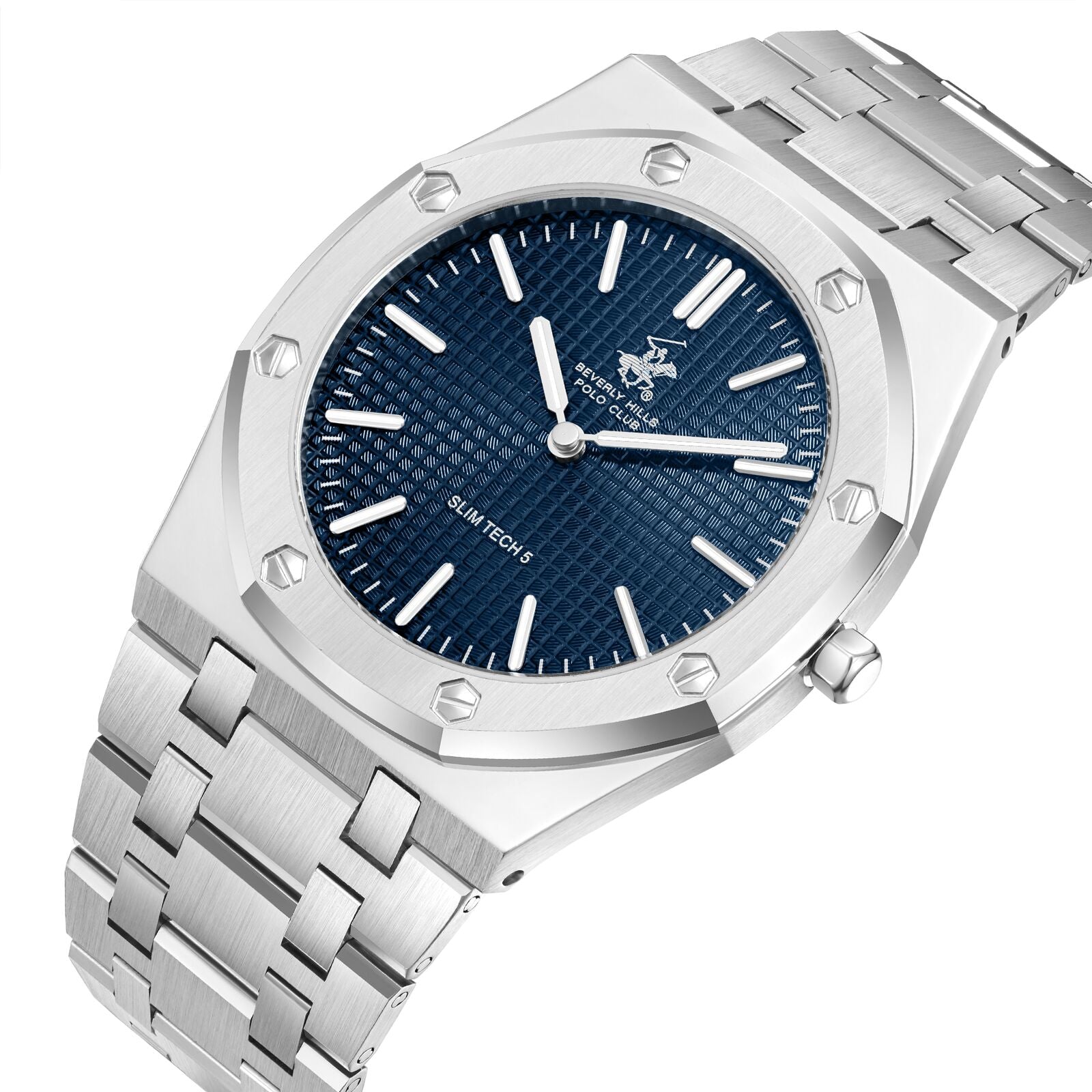 Slim Tech 5 silver watch with blue dial and link bracelet at angle view