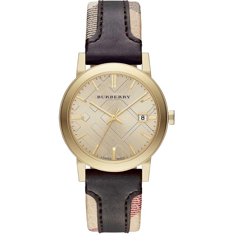 Burberry Men’s Swiss Made Quartz Black Check Stamped Leather Strap Gold Dial Men's Watch  BU9032 - Watches of Australia