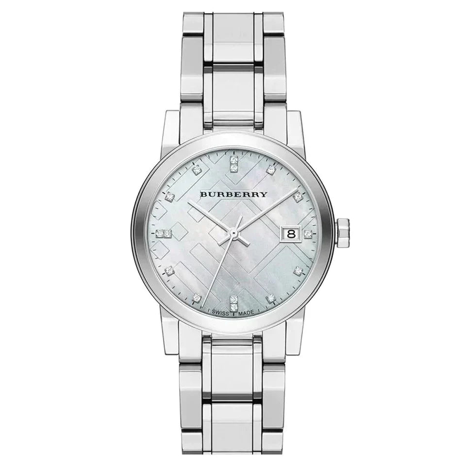 Burberry BU9125 silver stainless steel women's watch with mother-of-pearl dial and date window