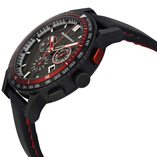 Angled view of Burberry City chronograph with red-accented bezel and black dial