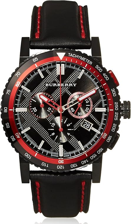 Burberry City black chronograph watch with red bezel and black leather strap