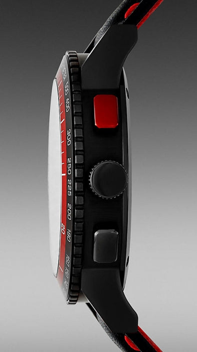 Side view of Burberry City watch showing black case, red accents, and leather strap