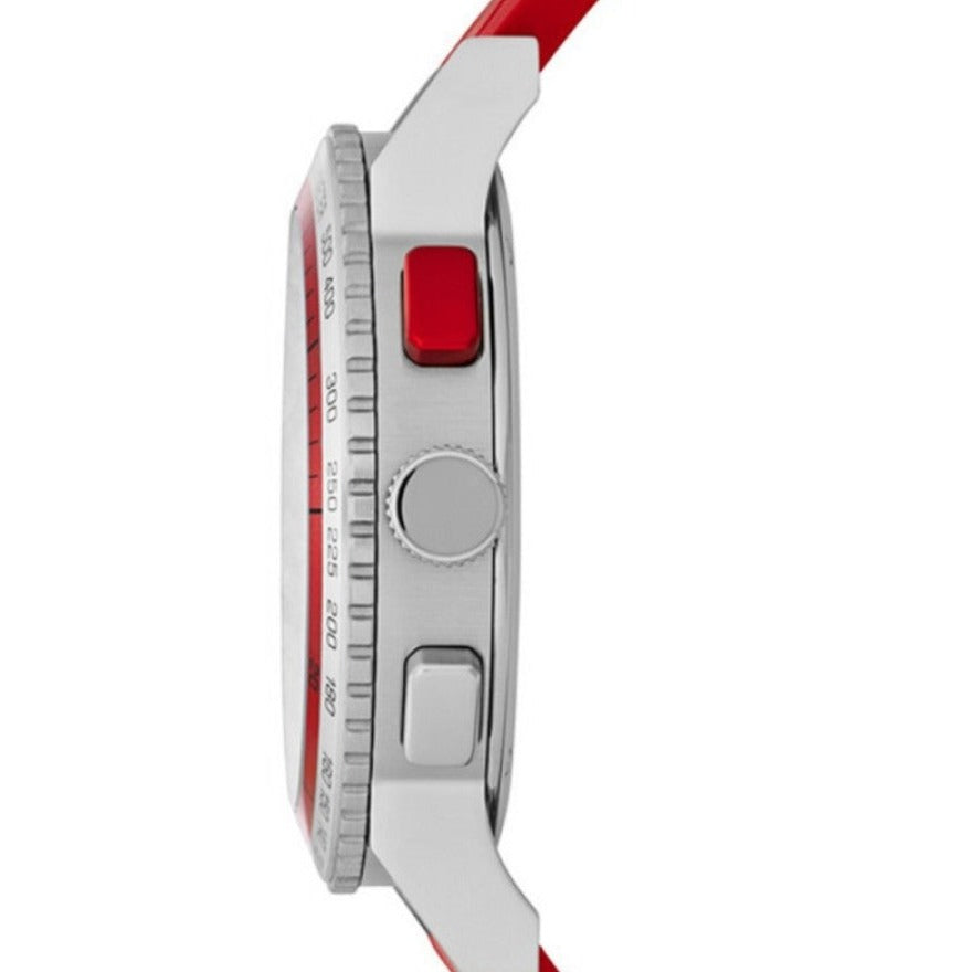 Side profile of Burberry City Sport chronograph watch showing stainless steel case, red pushers, and red strap