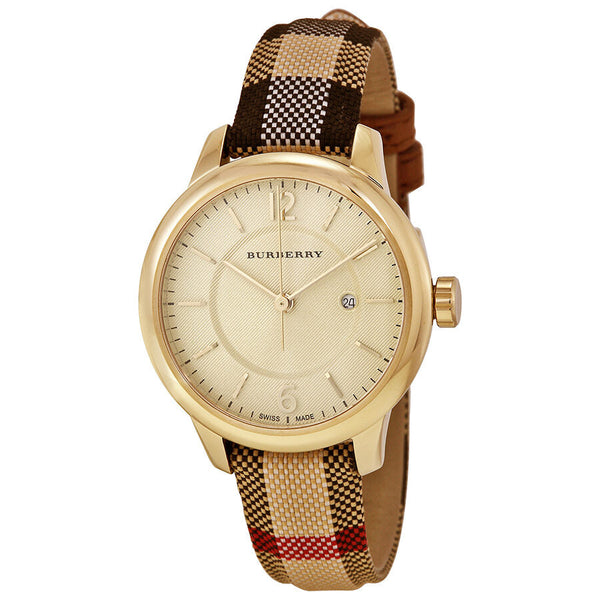 Burberry Stamped Dial Honey Check Fabric-Coated Leather Ladies Watch BU10104