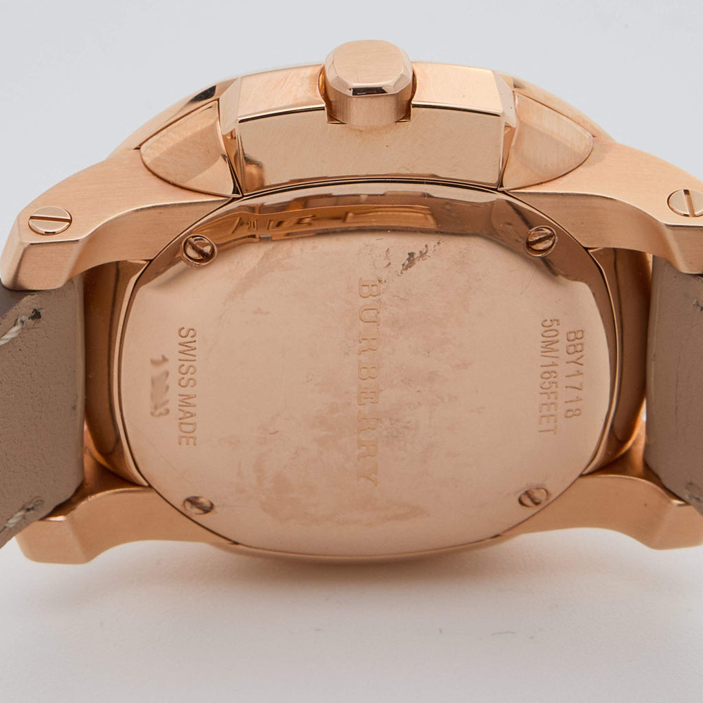 Burberry The Britain rose gold caseback with engraved branding and water resistance marking