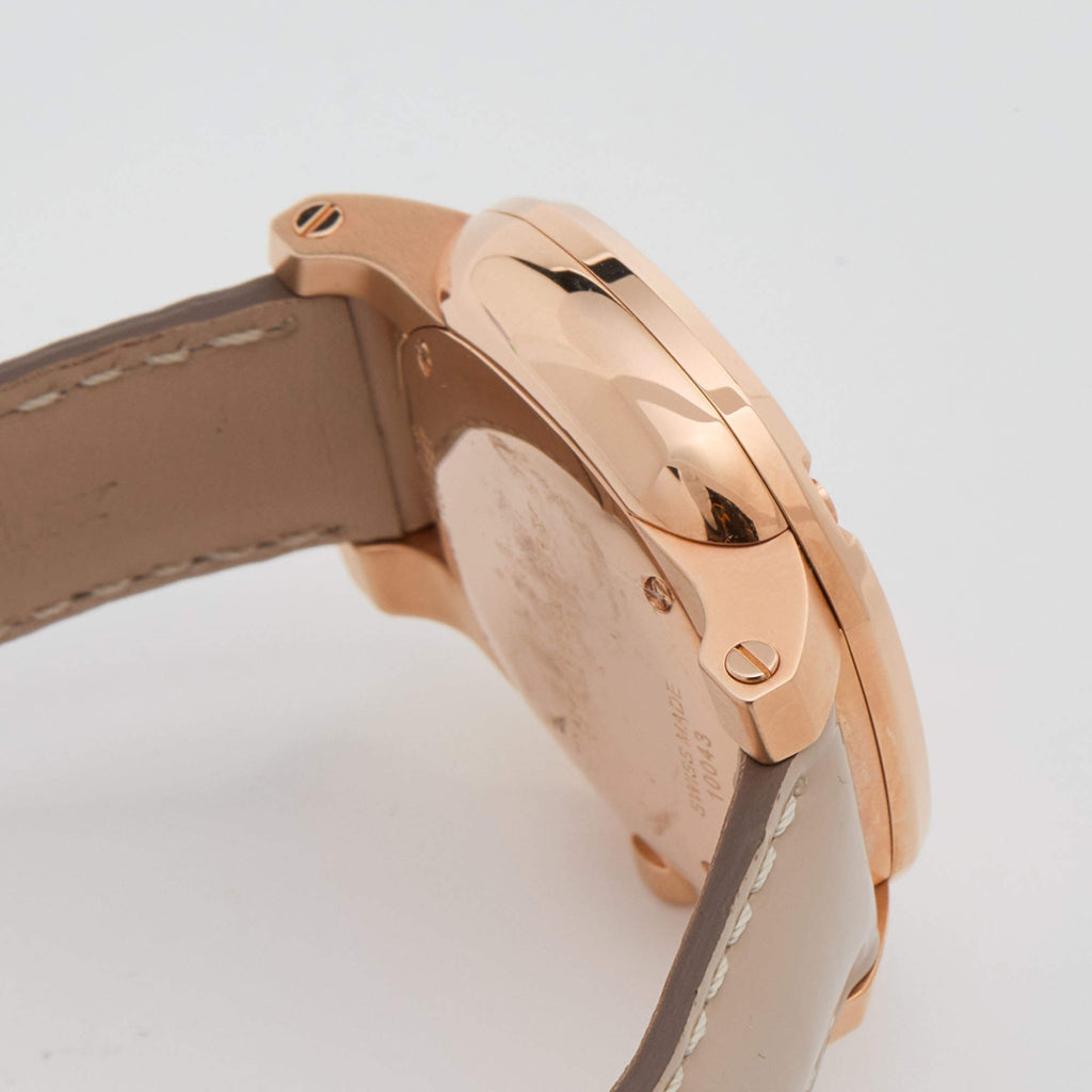 Side profile of Burberry The Britain rose gold case with grey leather strap