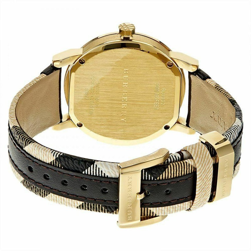 Burberry Men’s Swiss Made Quartz Black Check Stamped Leather Strap Gold Dial Men's Watch BU9032 - The Watches Men & CO #3