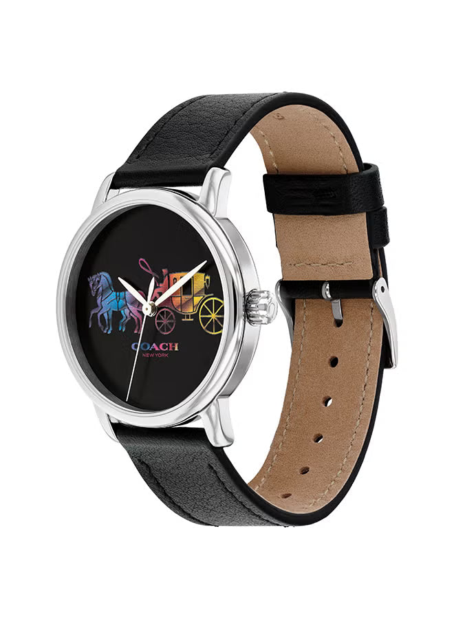 Coach Elegant Grand 36mm watch side view showing silver stainless steel case and black leather band