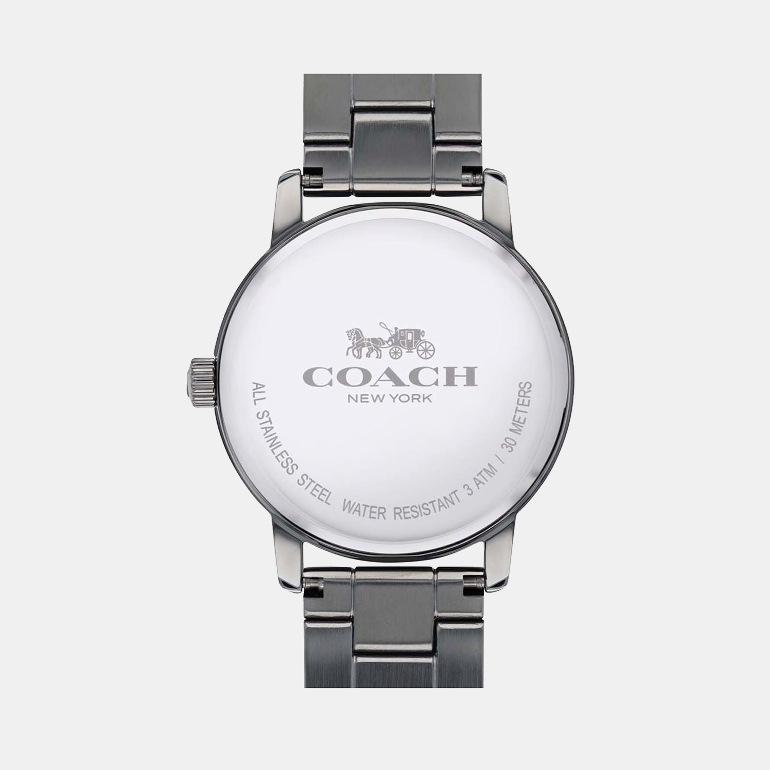Coach Grand watch caseback showing Coach New York branding and water resistant specifications