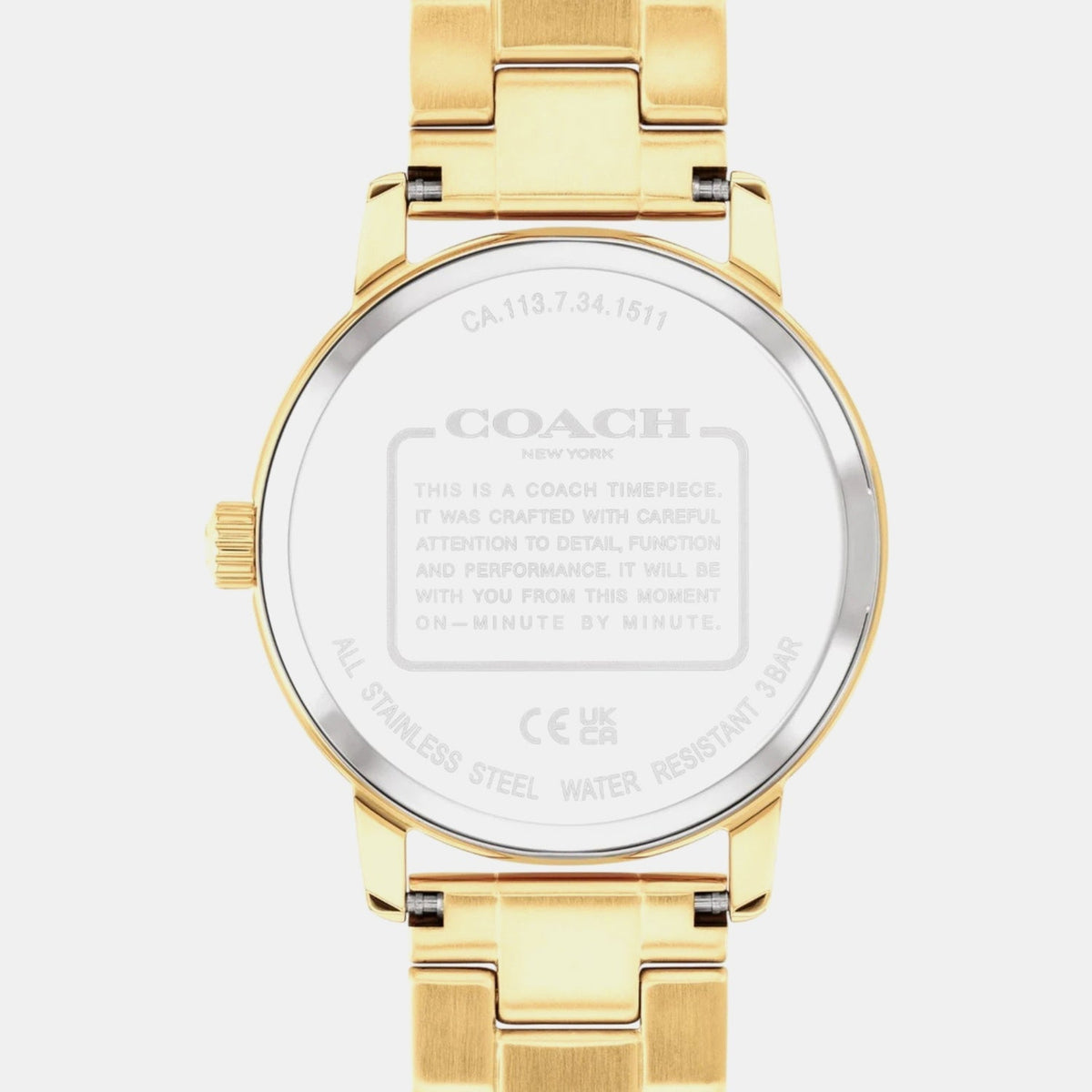 Coach Grand watch caseback with stainless steel water resistance text