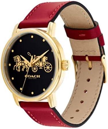 Coach Grand watch showing red leather strap and black dial with logo from angled view
