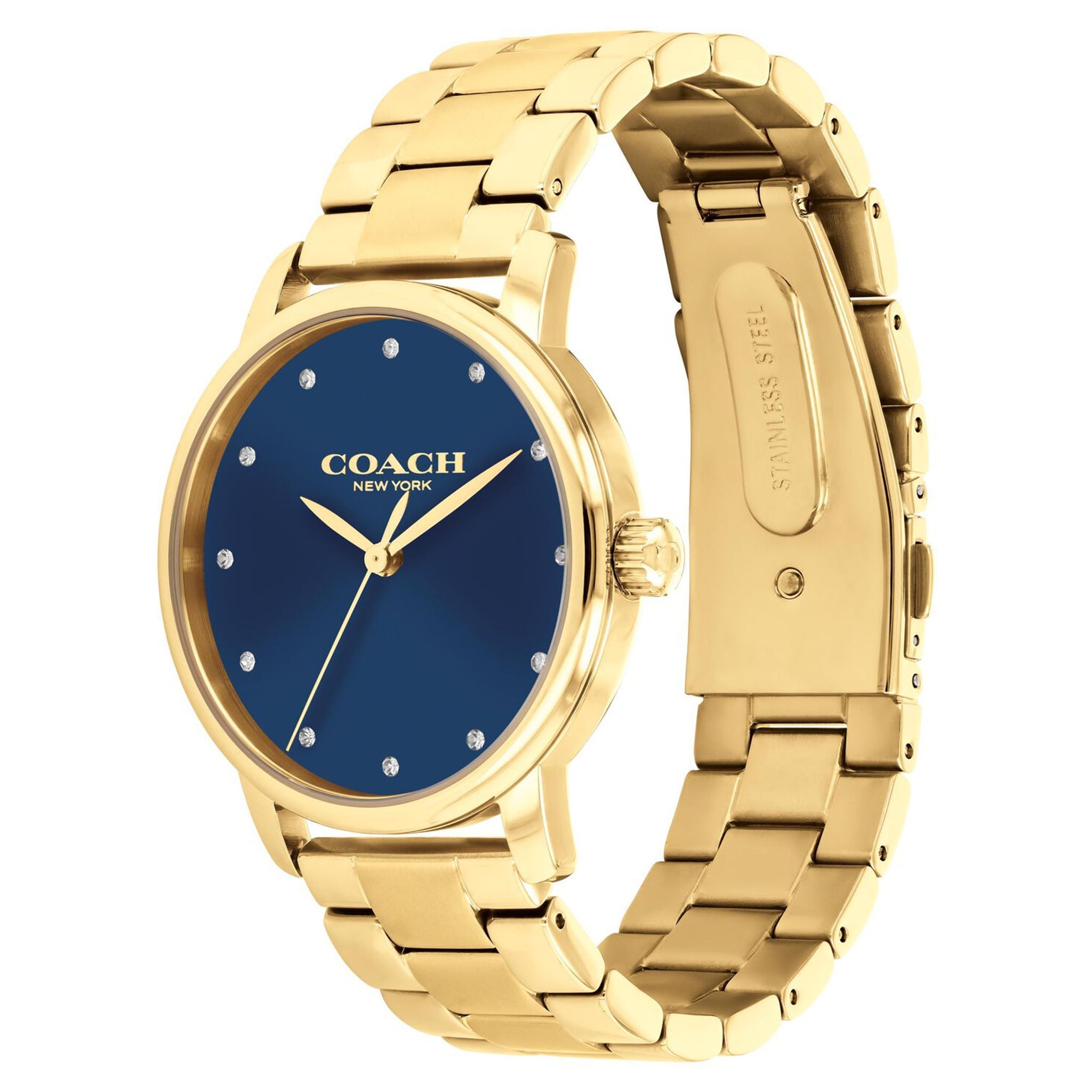 Coach Grand watch showing side profile and full gold stainless steel bracelet