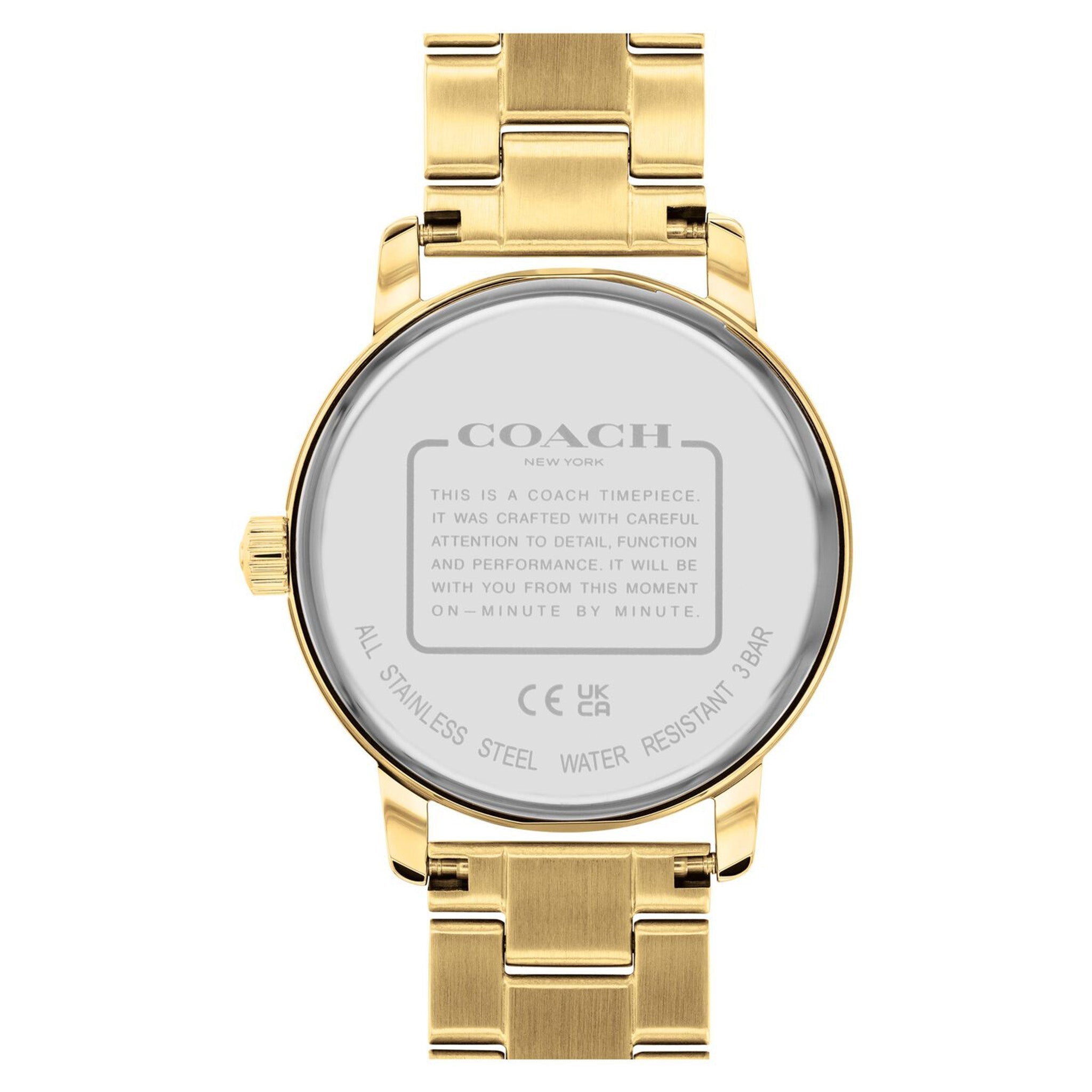 Coach Grand watch caseback showing stainless steel water resistant case back