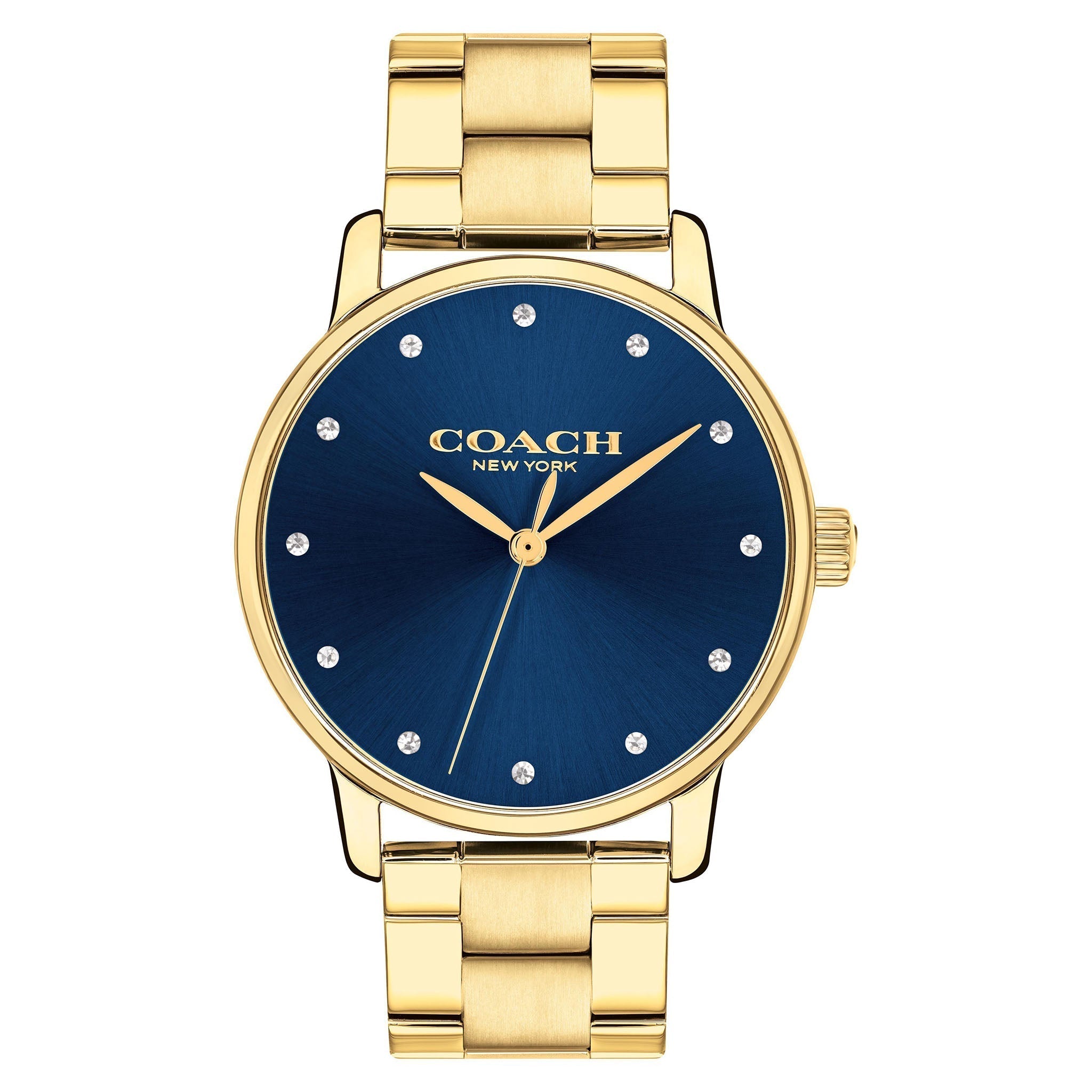 Coach Grand watch with blue dial, gold-tone stainless steel case and bracelet