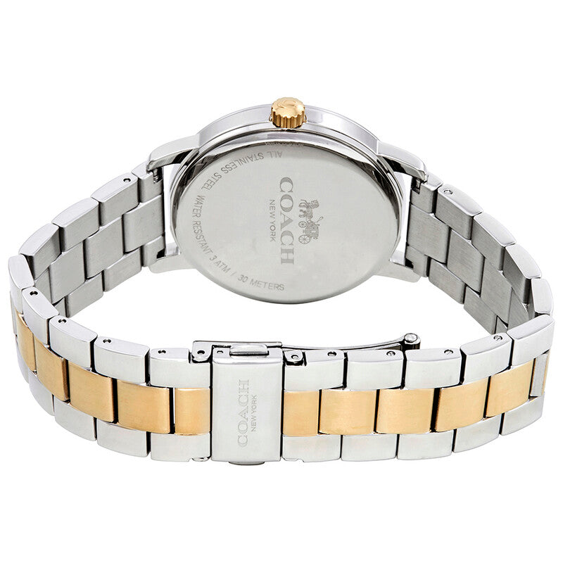 Coach Grand women's watch back view displaying caseback and two-tone stainless steel bracelet